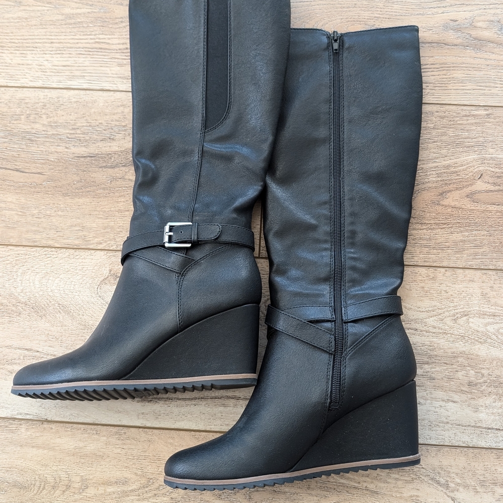 Black Wedge Knee-High Boots